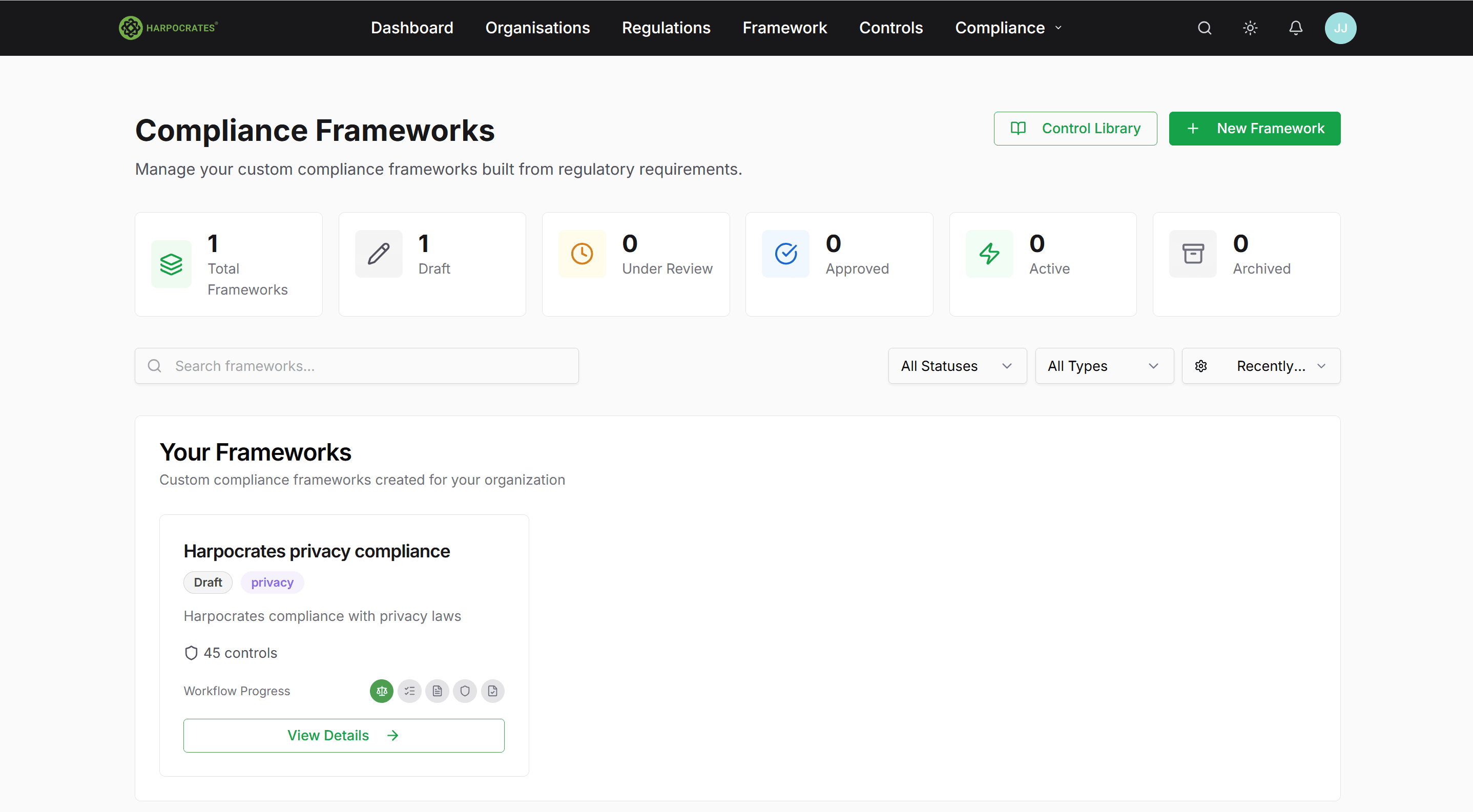 HARPOCRATES COMPLY.Reg — Compliance Frameworks dashboard showing regulatory intelligence platform