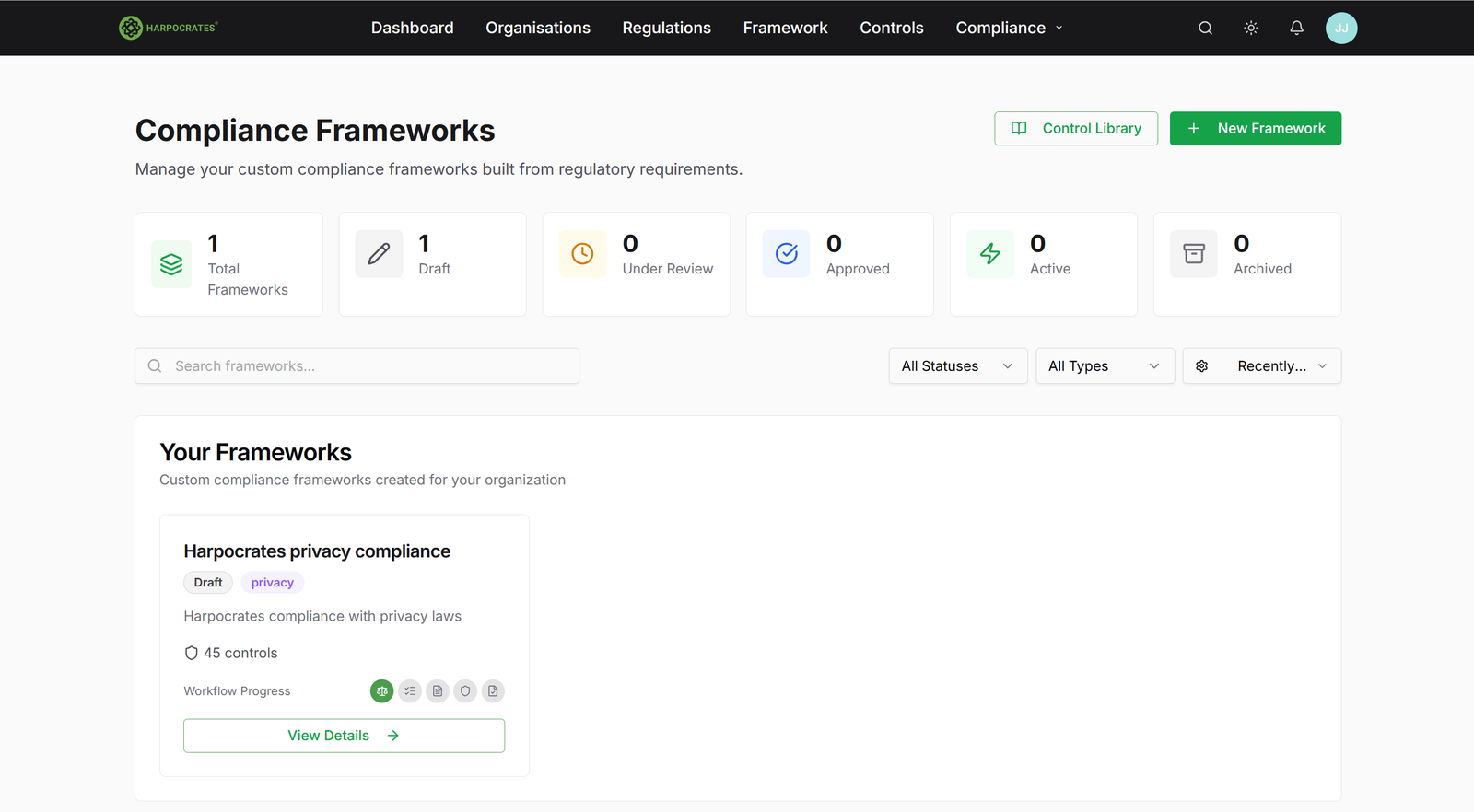 HARPOCRATES COMPLY.Reg — Compliance Frameworks dashboard showing regulatory intelligence platform