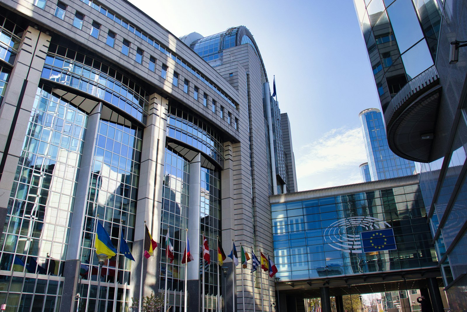 The European Parliament building flanked by EU member-state flags