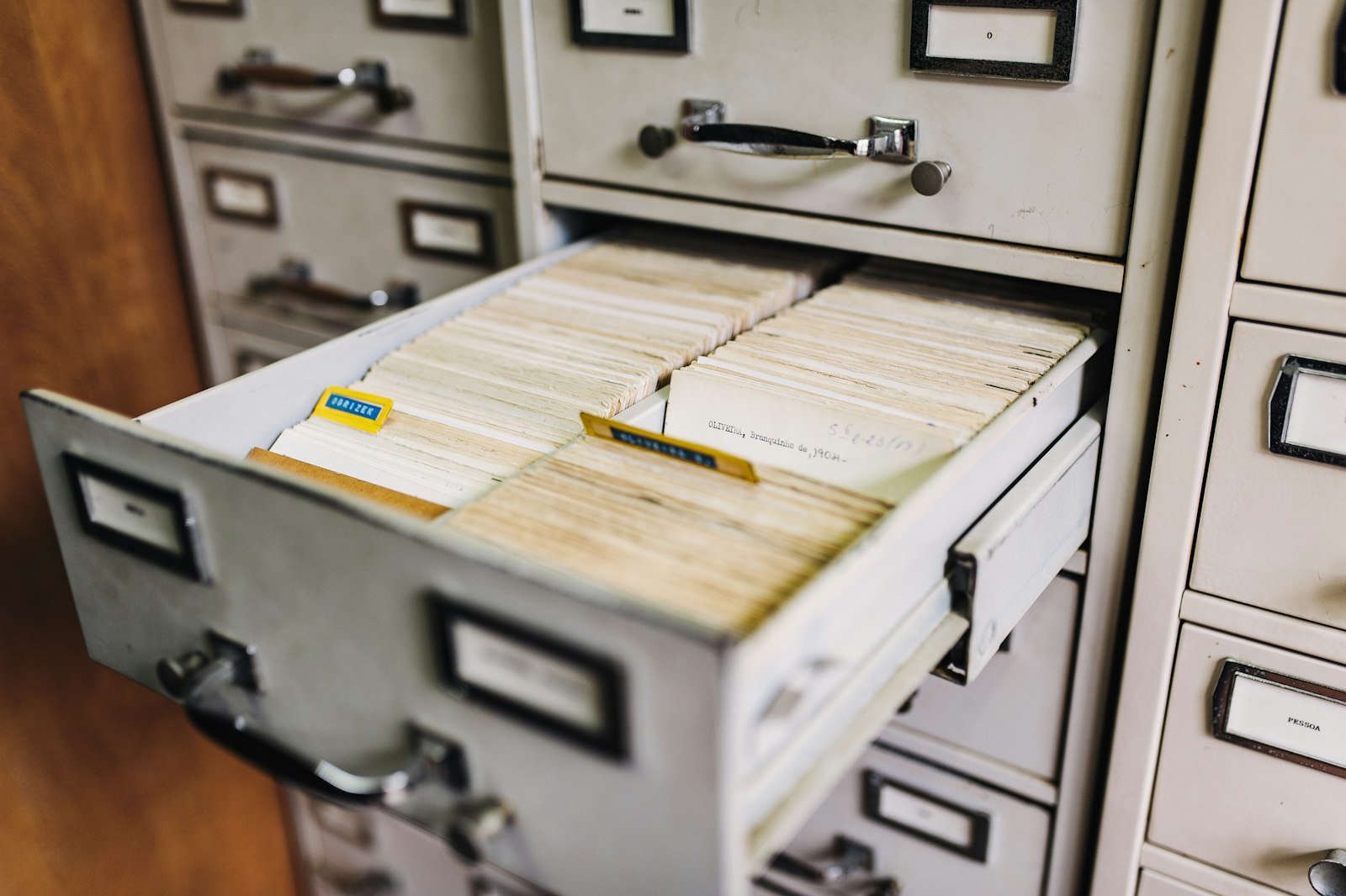 Rows of labelled document files in archive storage